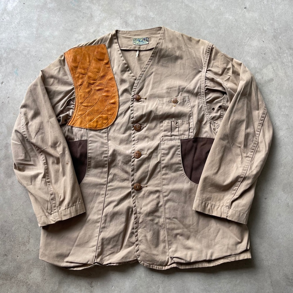 Vintage Red Head Fishuntex Hunting Jacket Tan Canvas Leather Recoil Pad Mens L
